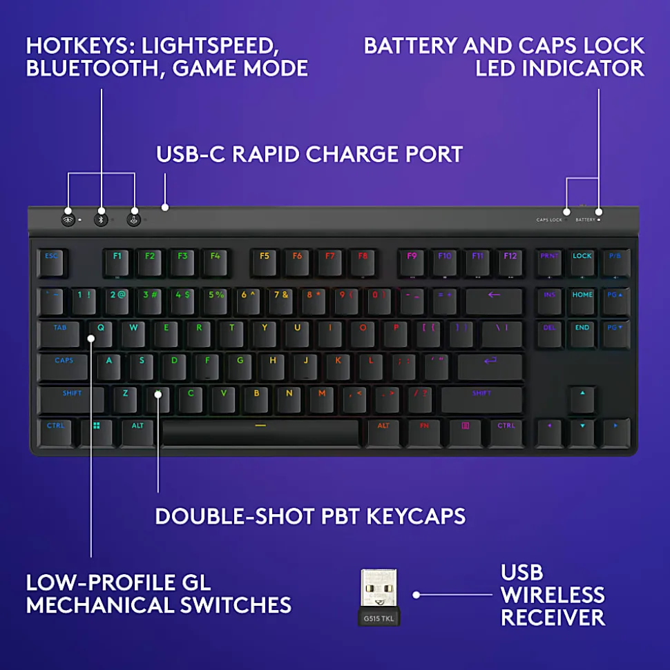 Logitech G515 LIGHTSPEED TKL Low Profile Wireless Gaming Keyboard, LIGHTSYNC RGB, PBT Keycaps, Tactile (Brown) Mechanical Switches - 920012423