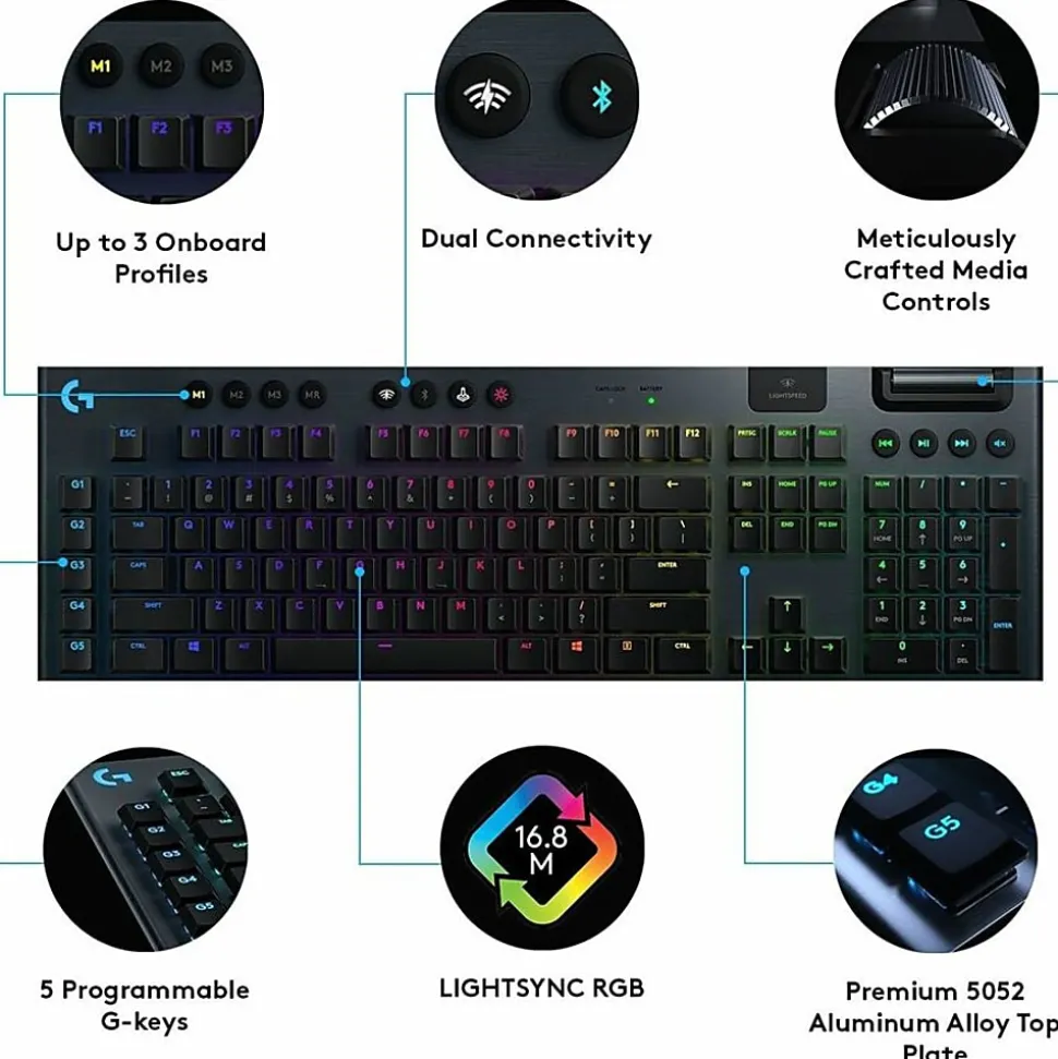 Logitech G915 Lightspeed Wireless RGB Mechanical Gaming Keyboard - Wireless Connectivity - Bluetooth/W - 920009103