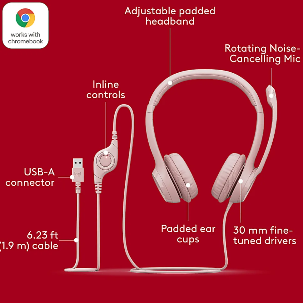 Logitech® H390 Wired On-Ear Headset For PC/Laptop, Rose, 981-001280