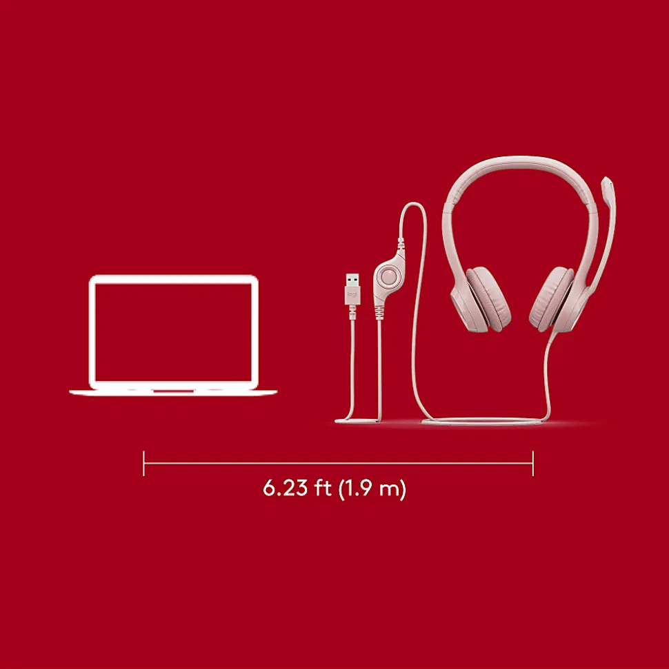 Logitech® H390 Wired On-Ear Headset For PC/Laptop, Rose, 981-001280