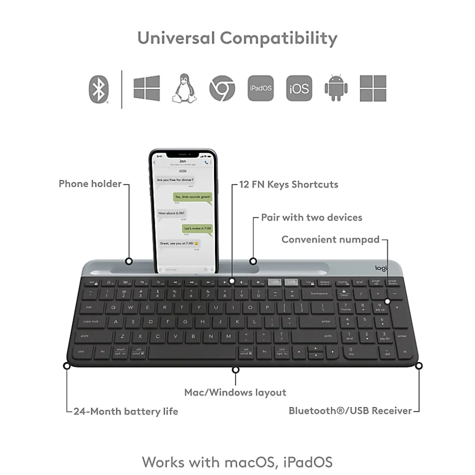 Logitech K585 Multi-Device Slim Wireless Keyboard, Built-in Cradle - 920011479