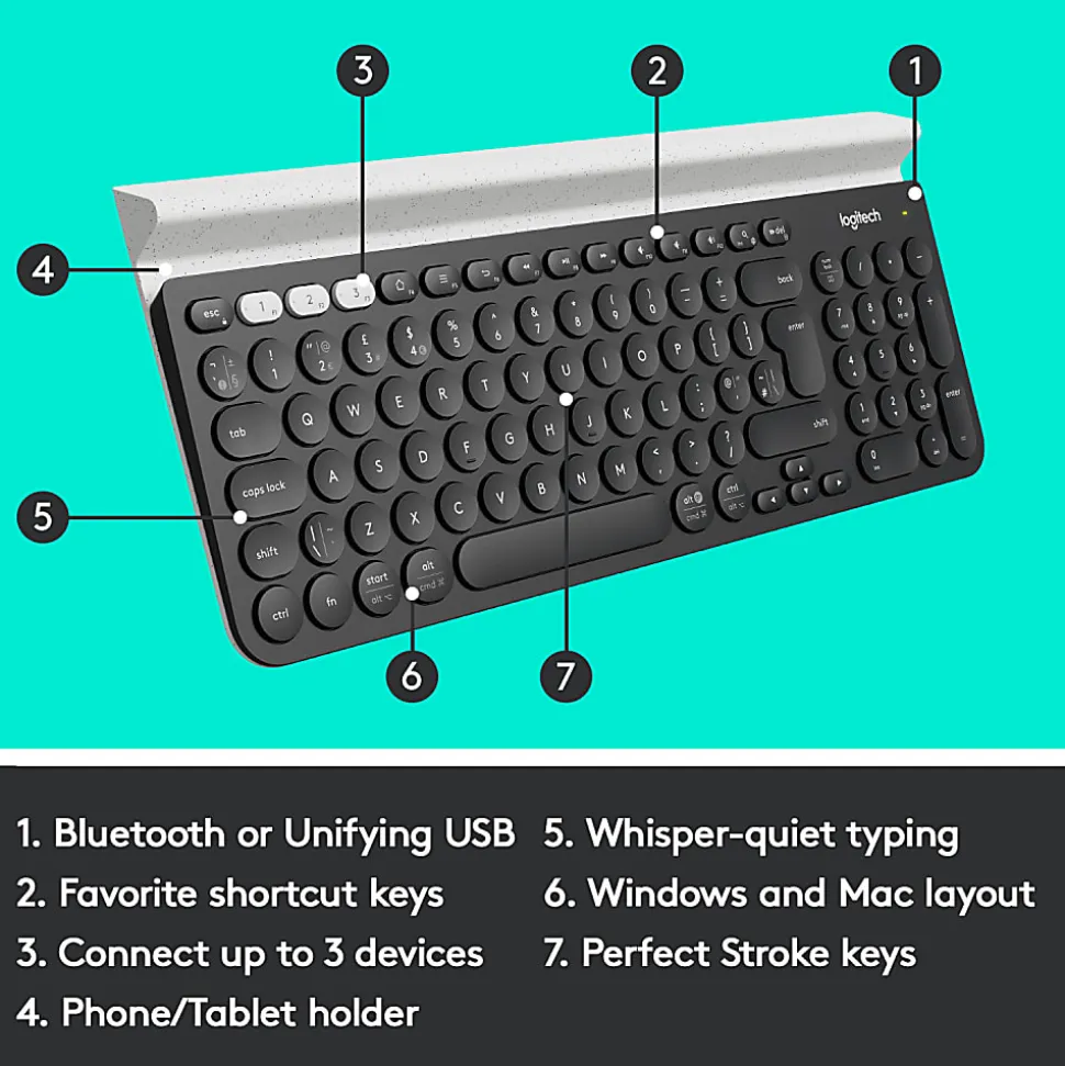 Logitech® K780 Multi-Device Wireless Keyboard, Full Size, Black/White, 920-008149