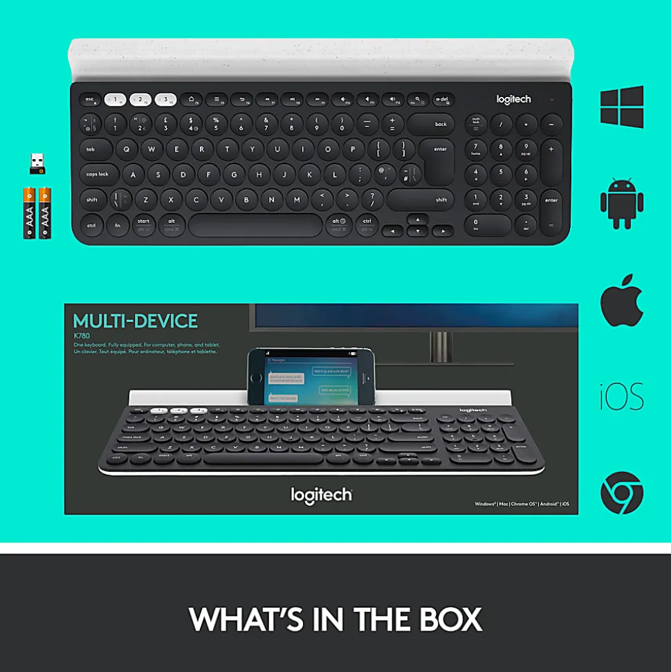 Logitech® K780 Multi-Device Wireless Keyboard, Full Size, Black/White, 920-008149