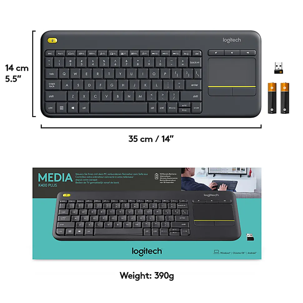 Logitech® K400 Plus Wireless Touch Keyboard, Black, 920-007119