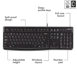 Logitech K120 Wired Keyboard for Windows, USB Plug-and-Play, Full-Size, Spill-Resistant, Curved Space Bar, Compatible with PC, Laptop - Black