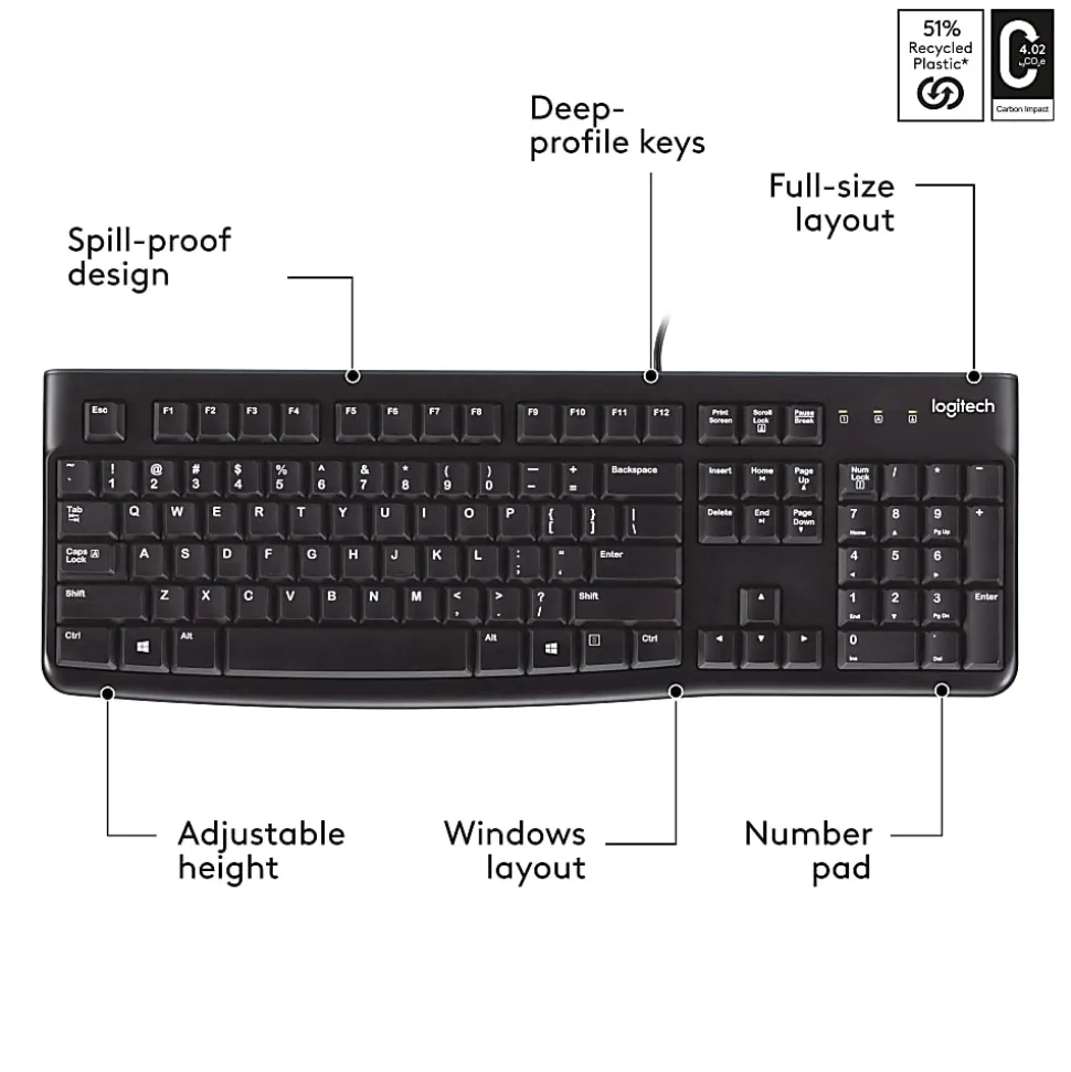 Logitech K120 Wired Keyboard for Windows, USB Plug-and-Play, Full-Size, Spill-Resistant, Curved Space Bar, Compatible with PC, Laptop - Black