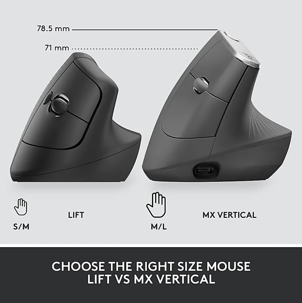 Logitech Lift for Business, Vertical Ergonomic Mouse, Wireless, Bluetooth, Logi Bolt USB, Quiet clicks, Graphite - 910006491