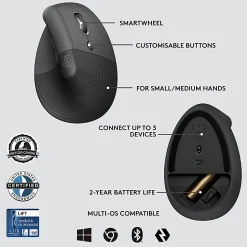 Logitech Lift for Business, Vertical Ergonomic Mouse, Wireless, Bluetooth, Logi Bolt USB, Quiet clicks, Graphite - 910006491