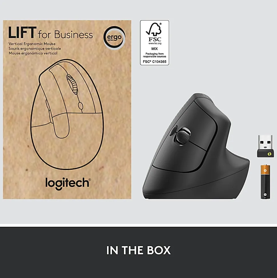 Logitech Lift for Business, Vertical Ergonomic Mouse, Wireless, Bluetooth, Logi Bolt USB, Quiet clicks, Graphite - 910006491