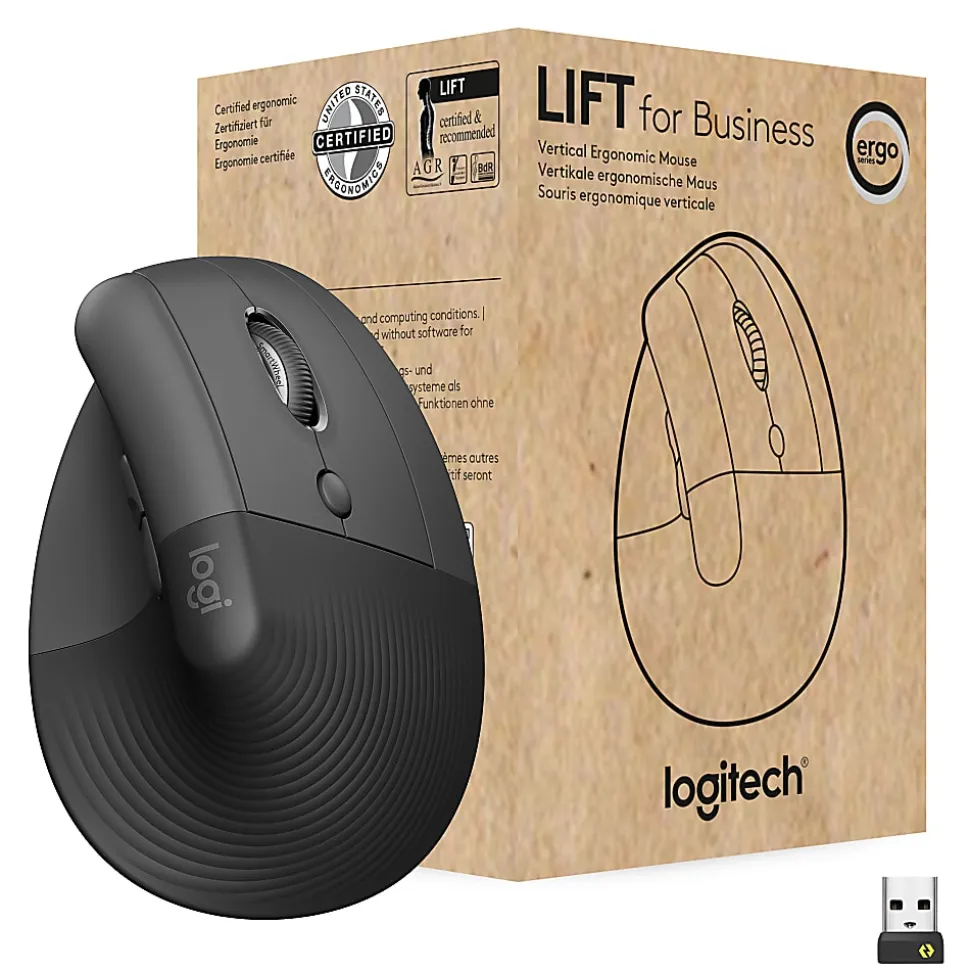 Logitech Lift for Business, Vertical Ergonomic Mouse, Wireless, Bluetooth, Logi Bolt USB, Quiet clicks, Graphite - 910006491