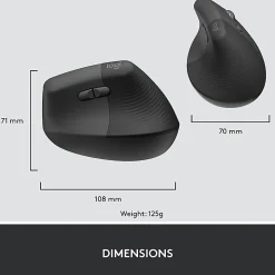 Logitech Lift for Business, Vertical Ergonomic Mouse, Wireless, Bluetooth, Logi Bolt USB, Quiet clicks, Graphite - 910006491