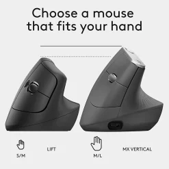 Logitech Lift Left Vertical Ergonomic Mouse, Left-handed, Wireless, Bluetooth or Logi Bolt USB, Quiet clicks, Graphite - 910006467