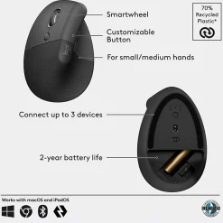 Logitech Lift Left Vertical Ergonomic Mouse, Left-handed, Wireless, Bluetooth or Logi Bolt USB, Quiet clicks, Graphite - 910006467