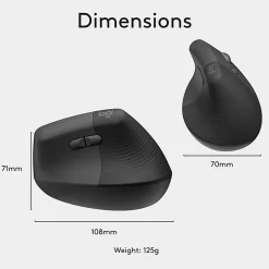 Logitech Lift Vertical Ergonomic Mouse, Graphite, Wireless, Quiet clicks