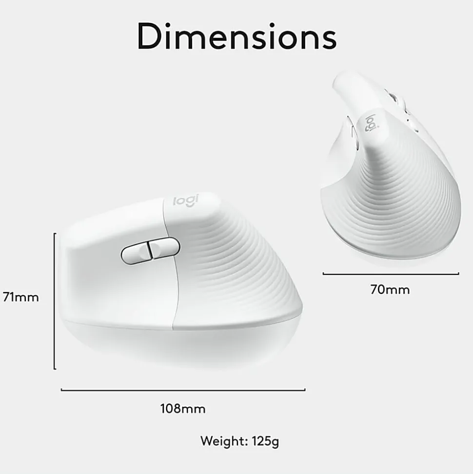 Logitech Lift Vertical Ergonomic Mouse, Wireless, Bluetooth or Logi Bolt USB receiver, Quiet clicks, 4 buttons, Of - 910006469