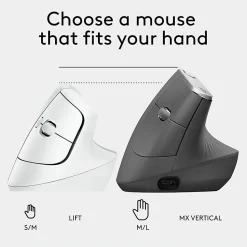 Logitech Lift Vertical Ergonomic Mouse, Wireless, Bluetooth or Logi Bolt USB receiver, Quiet clicks, 4 buttons, Of - 910006469