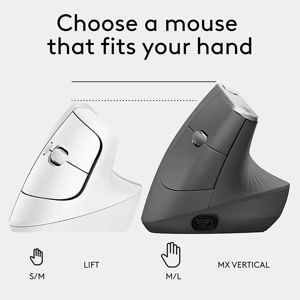Logitech Lift Vertical Ergonomic Mouse, Wireless, Bluetooth or Logi Bolt USB receiver, Quiet clicks, 4 buttons, Of - 910006469