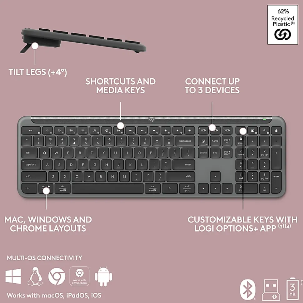 Logitech MK955 Signature Slim Wireless Keyboard And Mouse Combo, Full Size, Graphite, 920-012425