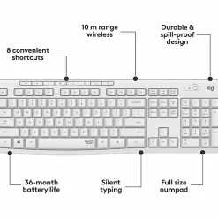 Logitech MK295 Silent Wireless Combo - USB Wireless Wi-Fi/RF - Off White - USB Wireless Wi-Fi Mouse - Off White - AA, AAA - Compatible with Computer