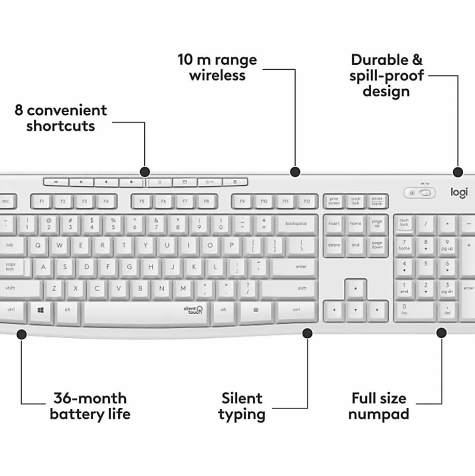 Logitech MK295 Silent Wireless Combo - USB Wireless Wi-Fi/RF - Off White - USB Wireless Wi-Fi Mouse - Off White - AA, AAA - Compatible with Computer