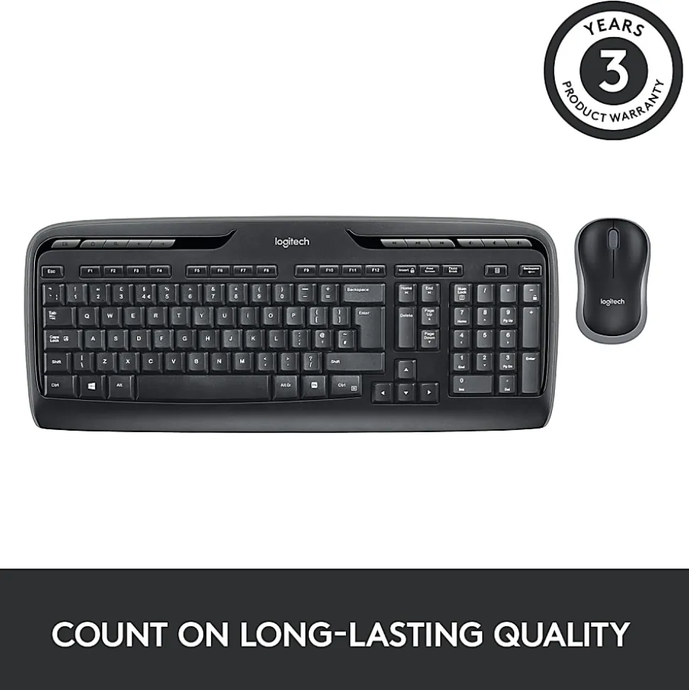 Logitech®MK320 Wireless Straight Full-Size Keyboard & Ambidextrous Optical Mouse, Black