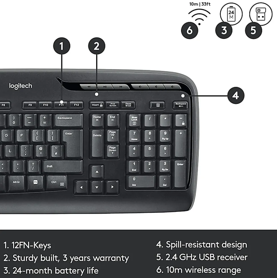 Logitech®MK320 Wireless Straight Full-Size Keyboard & Ambidextrous Optical Mouse, Black