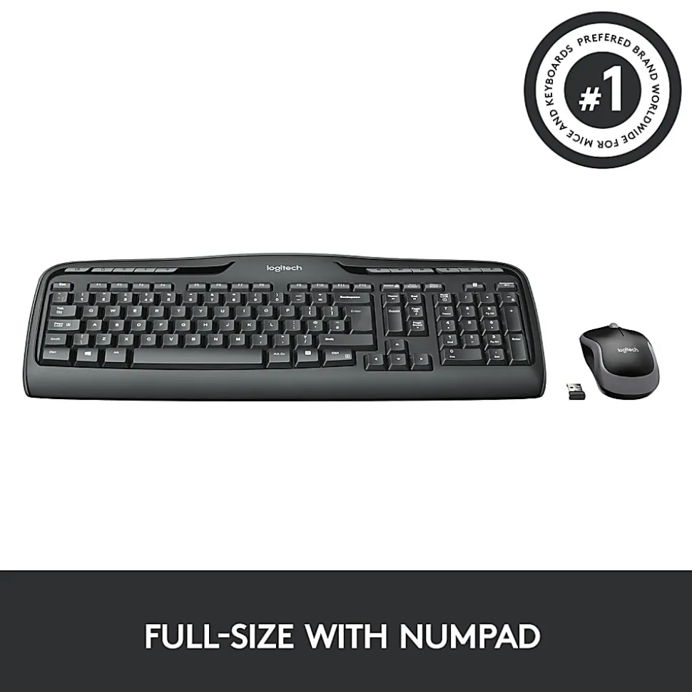 Logitech®MK320 Wireless Straight Full-Size Keyboard & Ambidextrous Optical Mouse, Black
