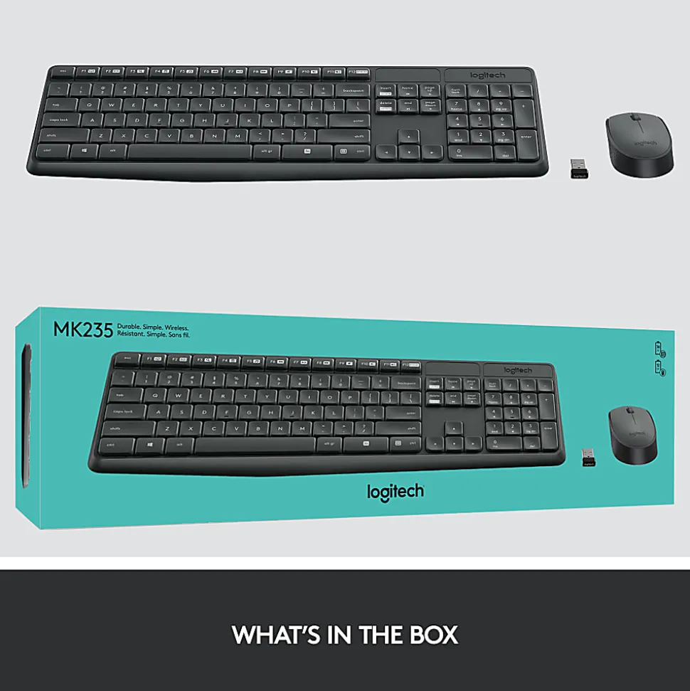 Logitech® MK235 Wireless Straight Full-Size Keyboard & Ambidextrous Optical Mouse, Black