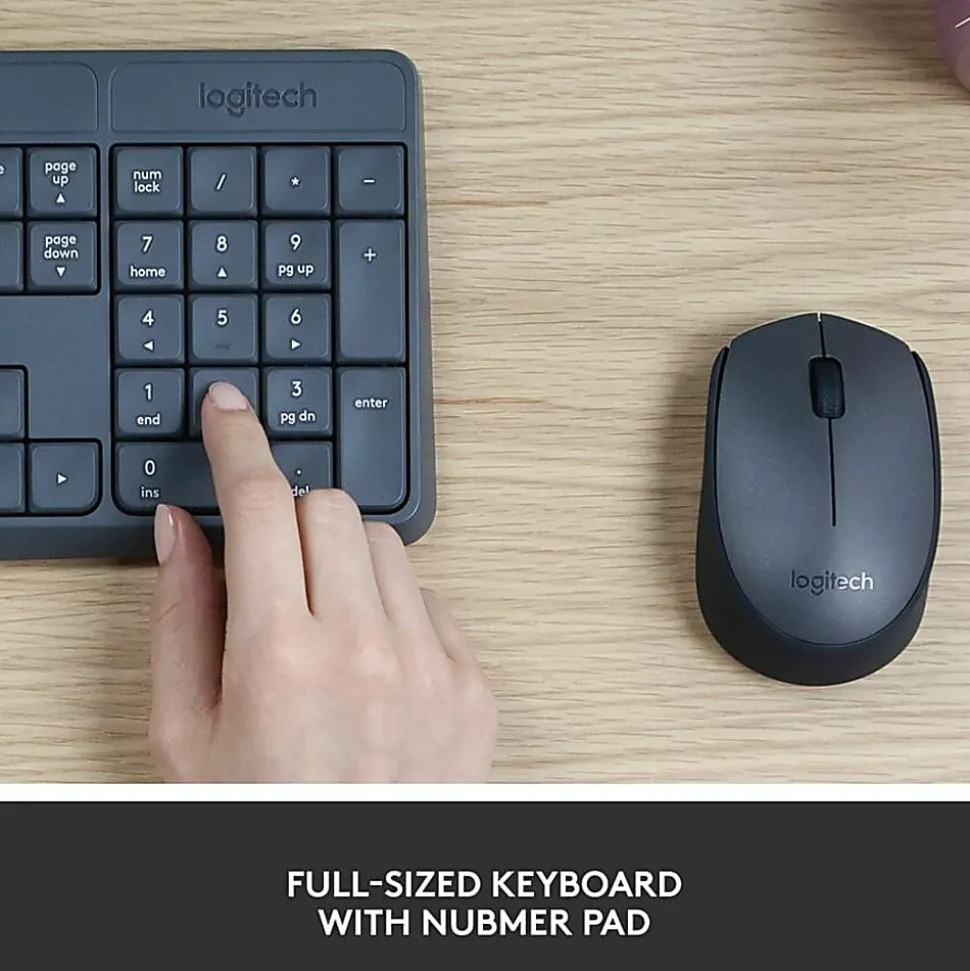 Logitech® MK235 Wireless Straight Full-Size Keyboard & Ambidextrous Optical Mouse, Black