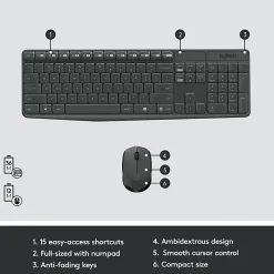 Logitech® MK235 Wireless Straight Full-Size Keyboard & Ambidextrous Optical Mouse, Black