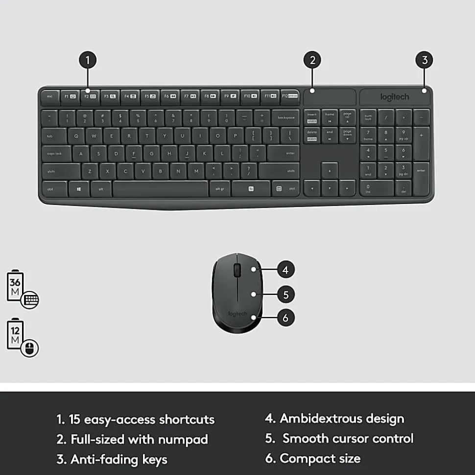 Logitech® MK235 Wireless Straight Full-Size Keyboard & Ambidextrous Optical Mouse, Black
