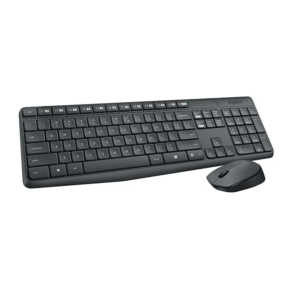 Logitech® MK235 Wireless Straight Full-Size Keyboard & Ambidextrous Optical Mouse, Black