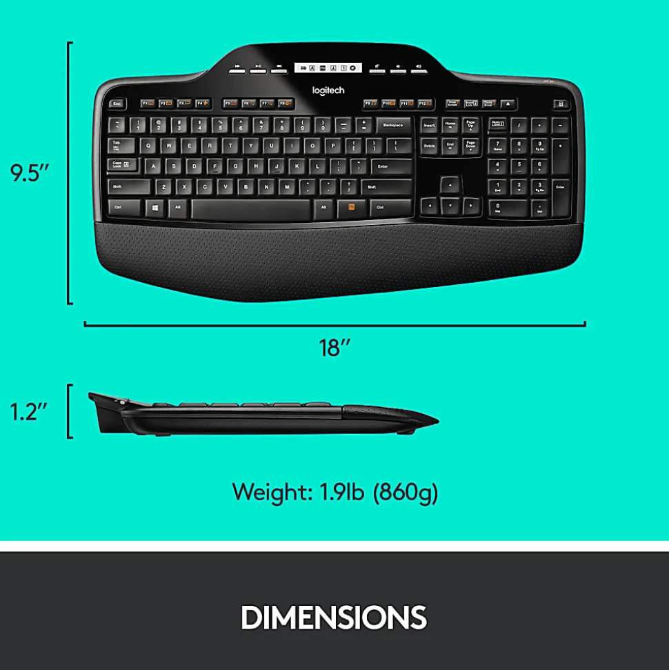 Logitech® MK710 Wireless Straight Full Size Keyboard & Right-Handed Optical Mouse, Black
