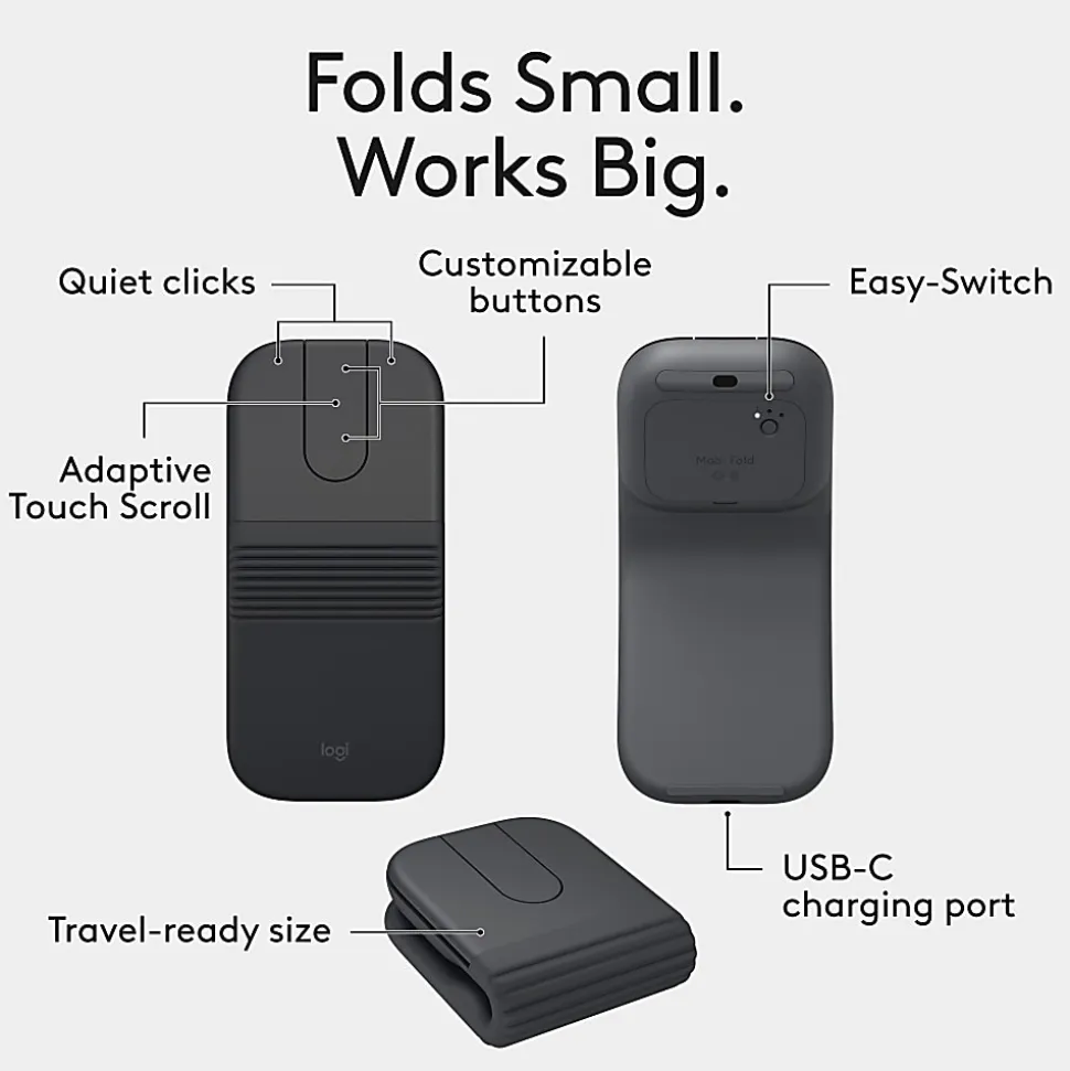 Logitech Mobi Fold Ultra-Portable Travel Mouse, For Windows PC, Mac, Chromebook, Android, iPad, Graphite, 910007601