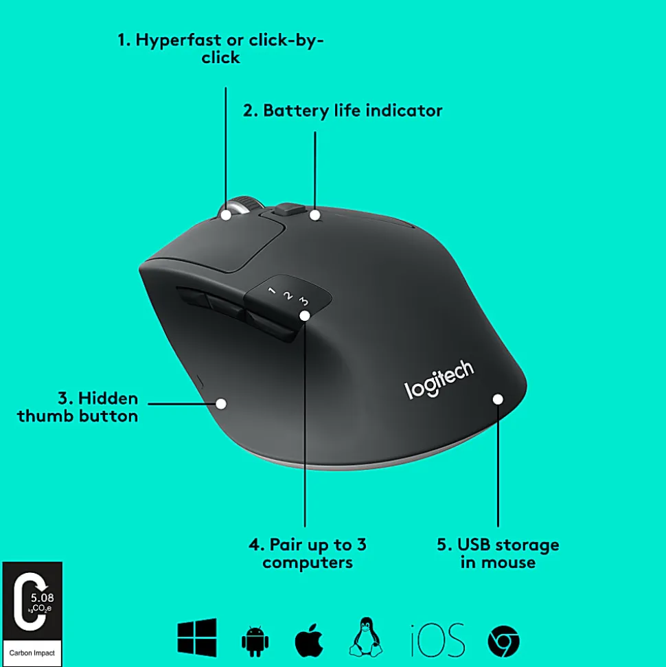 Logitech® M720 Triathlon Multi-Device Wireless Mouse, Black/Gray, 910-004790