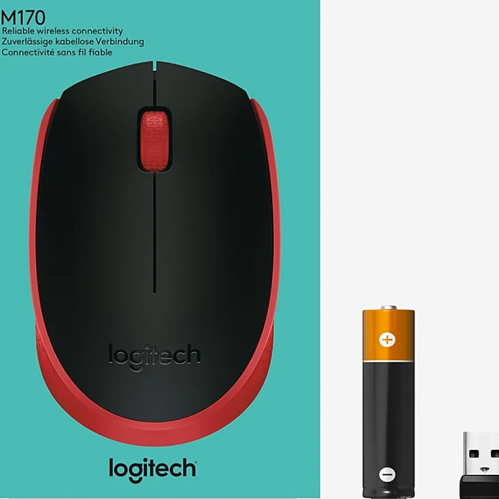 Logitech M170 Wireless Compact Mouse (Red) - Optical - Wireless - Radio Frequency - 2.40 GHz - Red - USB - 910004941