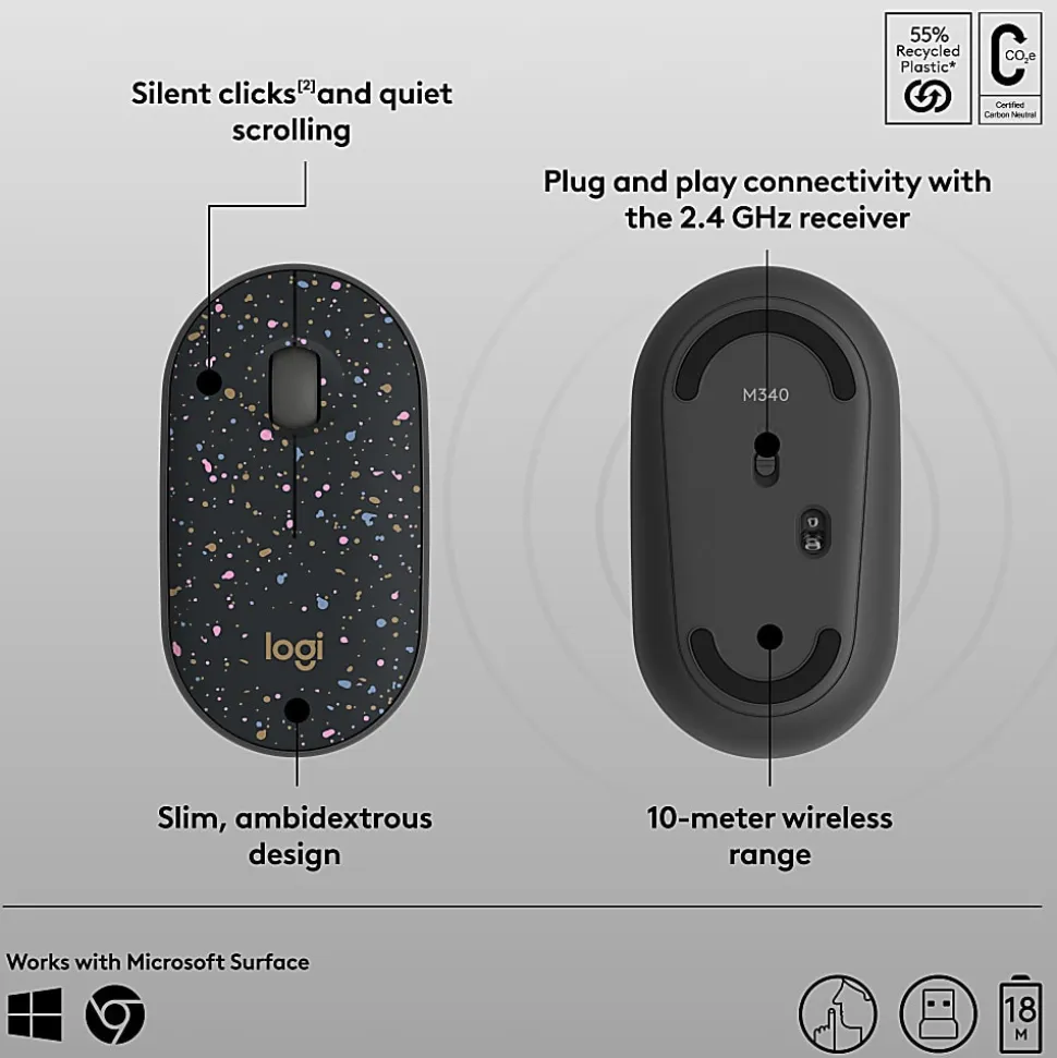 Logitech M340 Wireless Mouse with Limited Edition, USB Receiver and Silent Clicks, Portable Wireless Mouse, Speckles