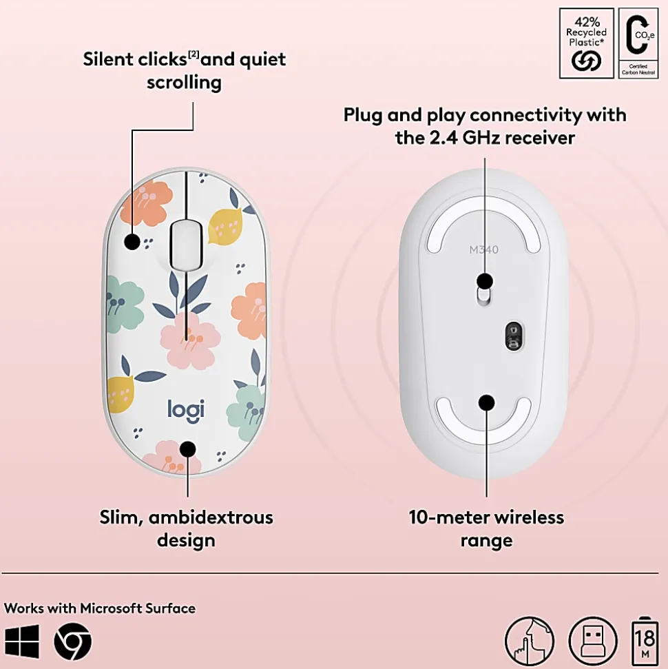 Logitech M340 Wireless Mouse with Limited Edition, USB Receiver and Silent Clicks, Portable Wireless Mouse - 910007280
