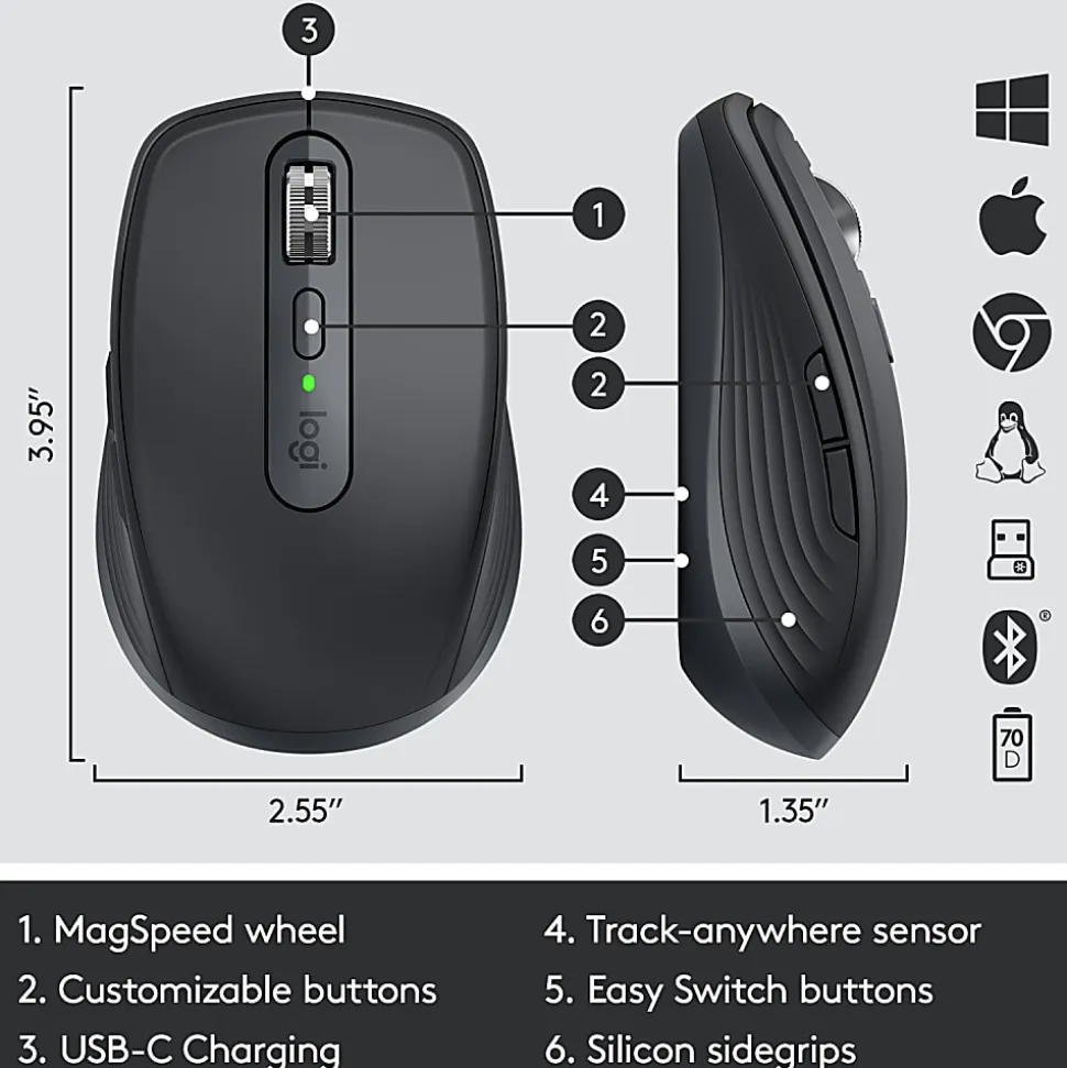 Logitech MX Anywhere 3 Compact Performance Mouse, Wireless, Comfort, Fast Scrolling, Any Surface, Portable, 4000DPI, Customizable Buttons, US