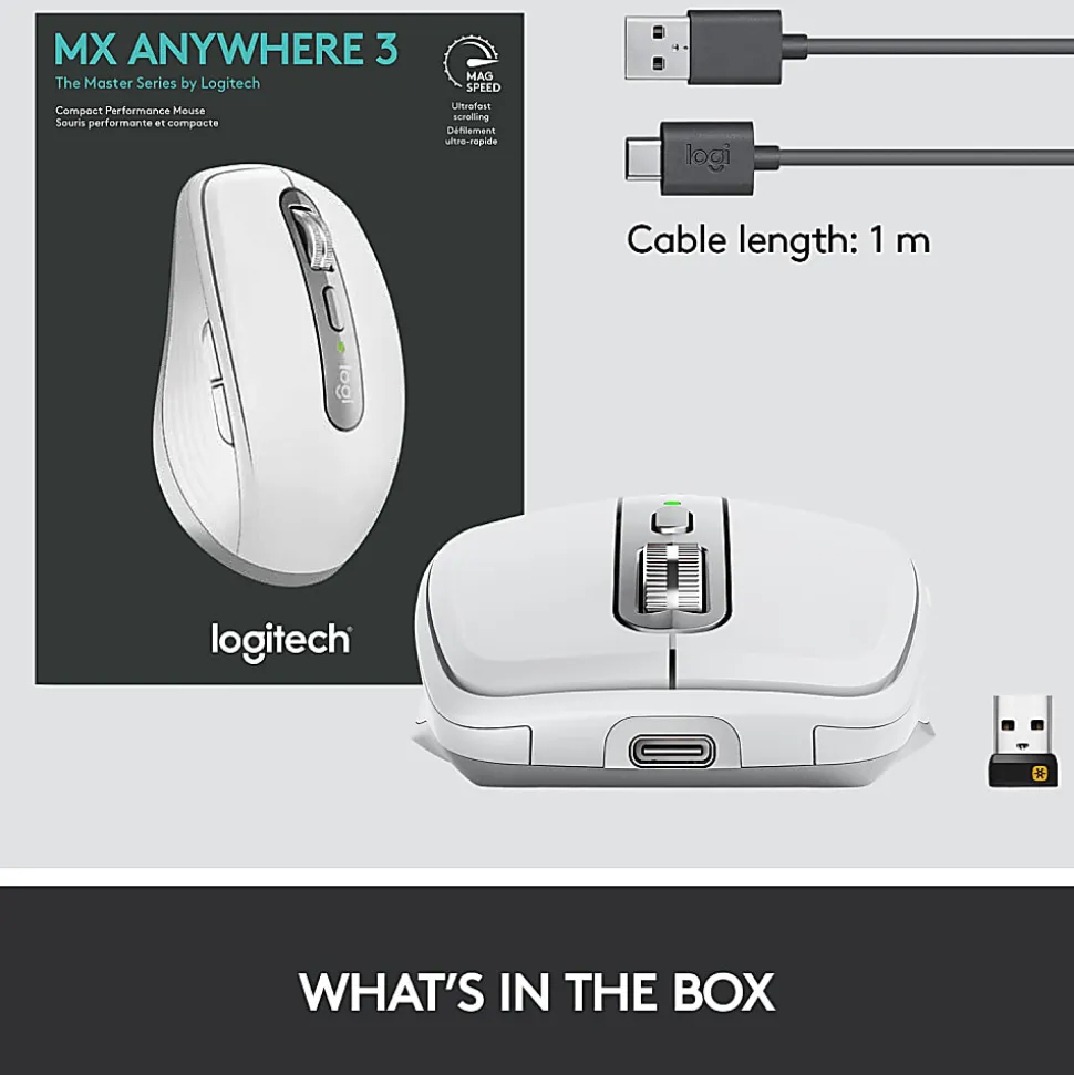 Logitech MX Anywhere 3 Compact Performance Wireless Mouse with Customizable Buttons, Pale Gray