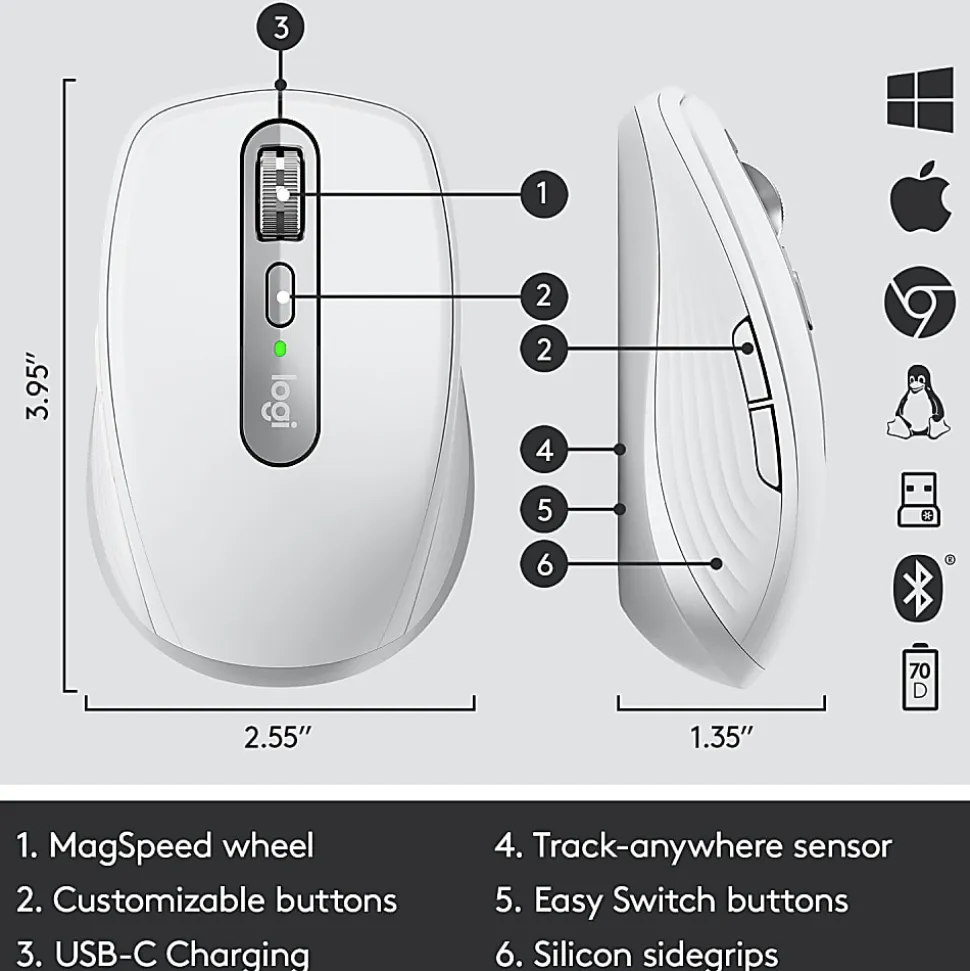 Logitech MX Anywhere 3 Compact Performance Wireless Mouse with Customizable Buttons, Pale Gray