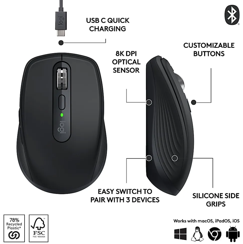 Logitech® MX Anywhere 3S Compact Wireless Mouse, 78% Recycled, Black, 910-006928