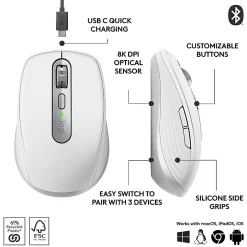 Logitech® MX Anywhere 3S Compact Wireless Mouse, 61% Recycled, Pale Gray, 910-006926