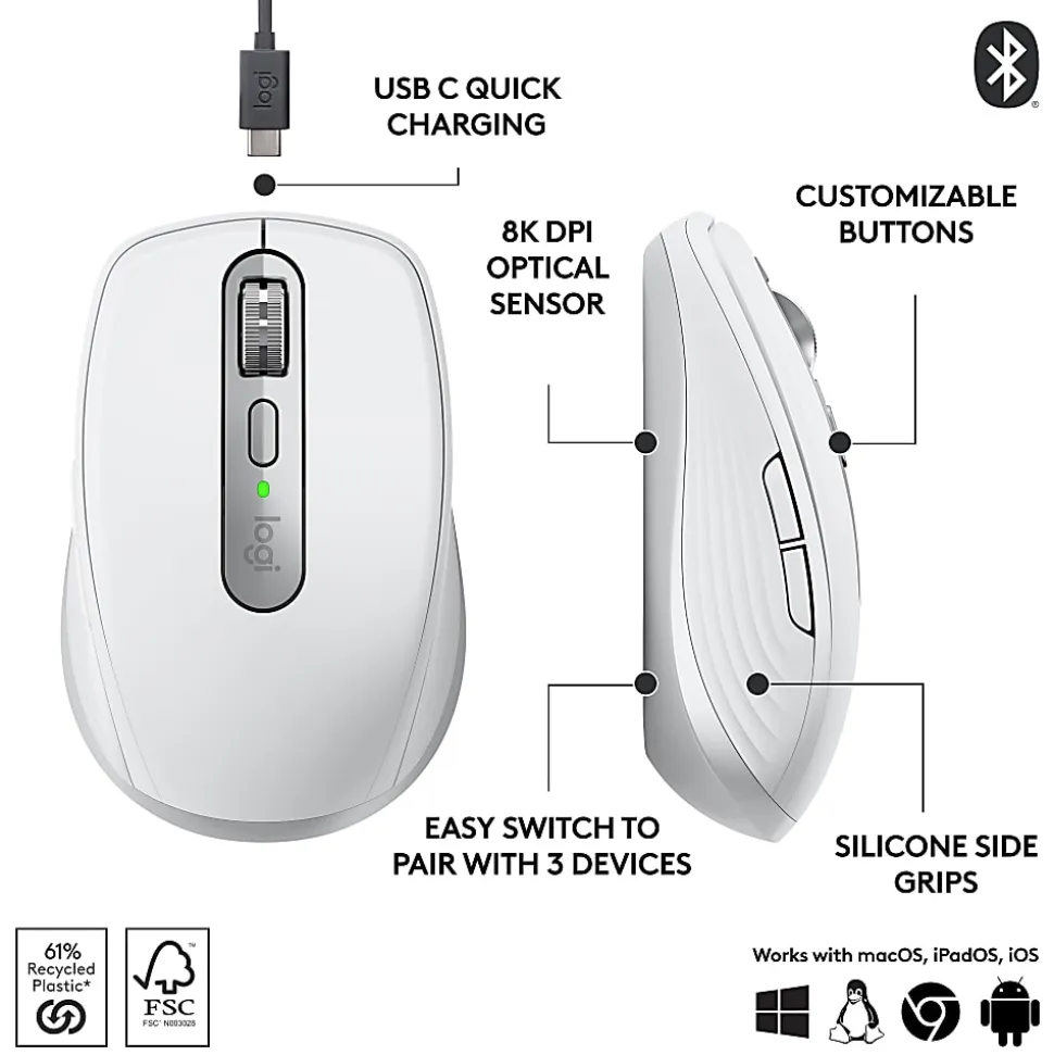 Logitech® MX Anywhere 3S Compact Wireless Mouse, 61% Recycled, Pale Gray, 910-006926