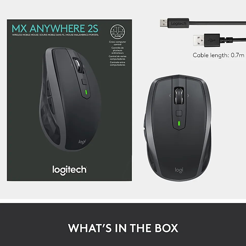Logitech MX Anywhere 2S Mouse - Darkfield - Wireless - 33 ft - Bluetooth/Radio Frequency - Rechargeable - 910007232