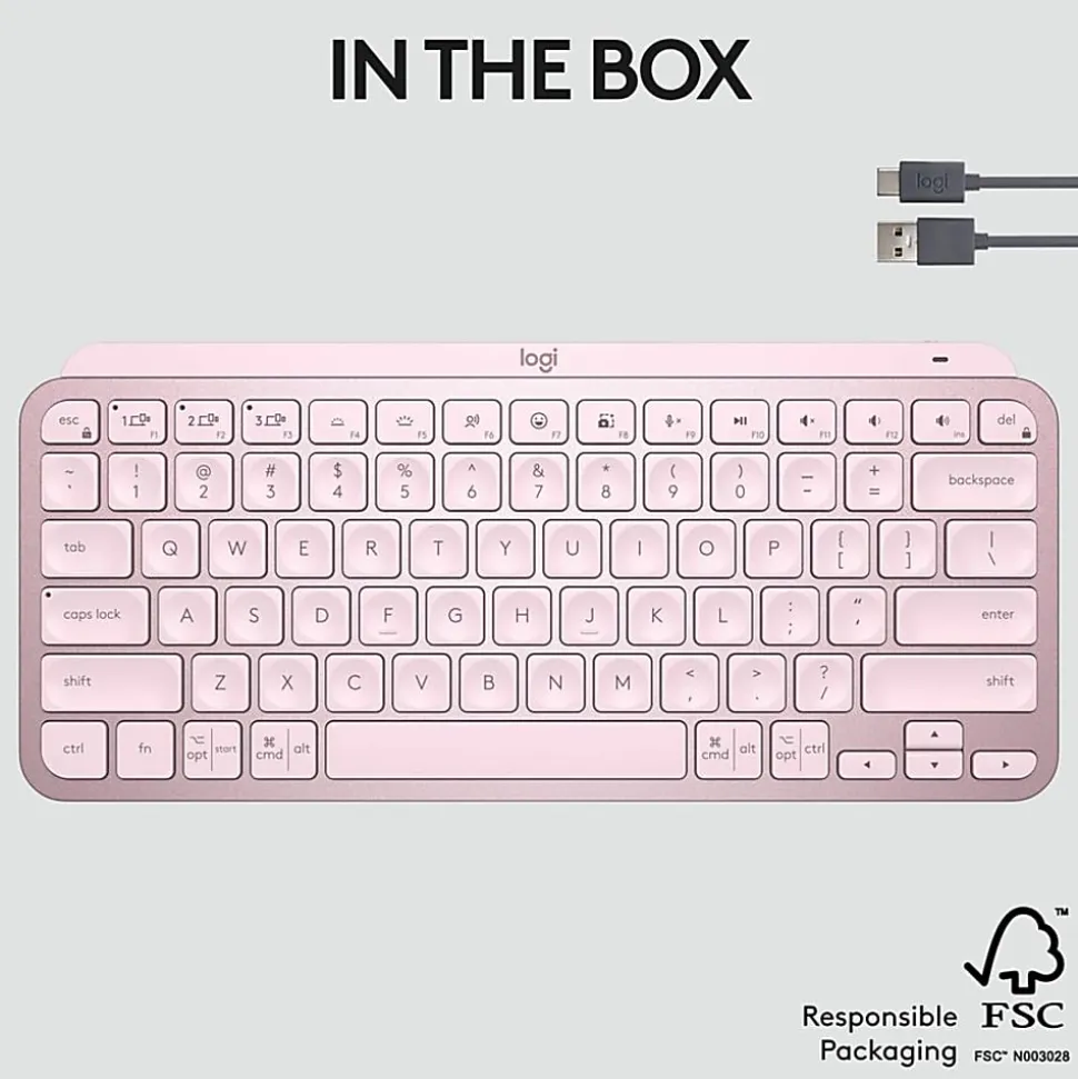 Logitech MX Keys Mini Minimalist Wireless Illuminated Keyboard, Compact, Bluetooth, USB-C - Rose - Wireless Connectivity - 920010474