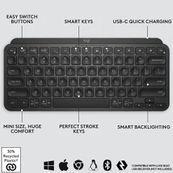Logitech® MX Keys Mini Minimalist Wireless Illuminated Keyboard, Compact, Bluetooth, Backlit, USB-C, Black