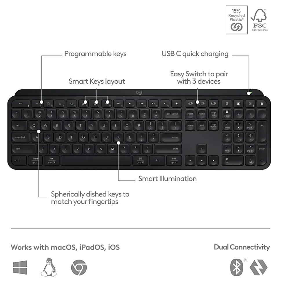 Logitech® MX Keys S Wireless Keyboard, Full Size, Black, 920-011406
