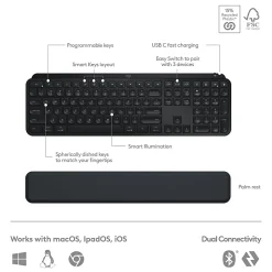Logitech® MX Keys S Wireless Keyboard And Mouse Combo With Palm Rest, Full Size, 22% Recycled, Black, 920-012274