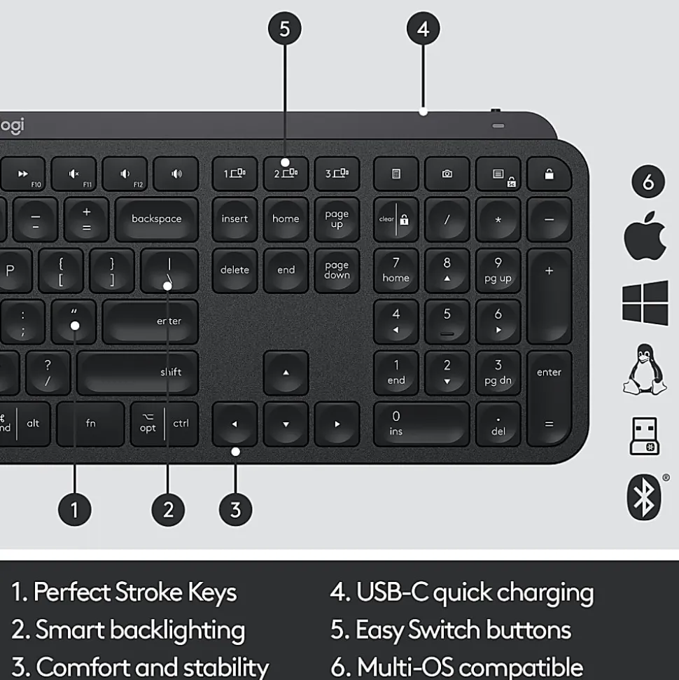 Logitech® MX Keys Wireless Illuminated Keyboard, Black, 920-009295